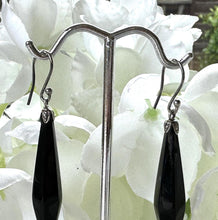 Load image into Gallery viewer, Antique Victorian Whitby Jet &amp; Sterling Silver Torpedo Earrings. Pendant Drop Black Gemstone Earrings. Antique Hook Long Dangle Earrings
