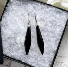 Load image into Gallery viewer, Antique Victorian Whitby Jet &amp; Sterling Silver Torpedo Earrings. Pendant Drop Black Gemstone Earrings. Antique Hook Long Dangle Earrings
