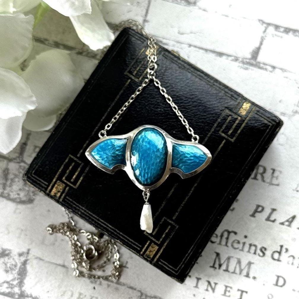 Antique Art Nouveau Sterling Silver & Enamel Pendant Necklace. Edwardian Silver and Blue Enamel Stylised Creature Pendant On Chain.