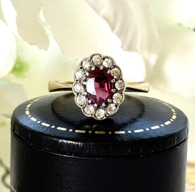 Antique Victorian Pink Tourmaline & White Paste Diamond 9ct Gold Cluster Ring. Oval Halo Ring Size UK M-1/2/ US 6-1/2