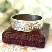 Load image into Gallery viewer, Antique Victorian Aesthetic Engraved Silver Bangle, Hallmarked 1889. Floral Engraved Sterling Silver Victorian Sweetheart Bracelet Cuff.
