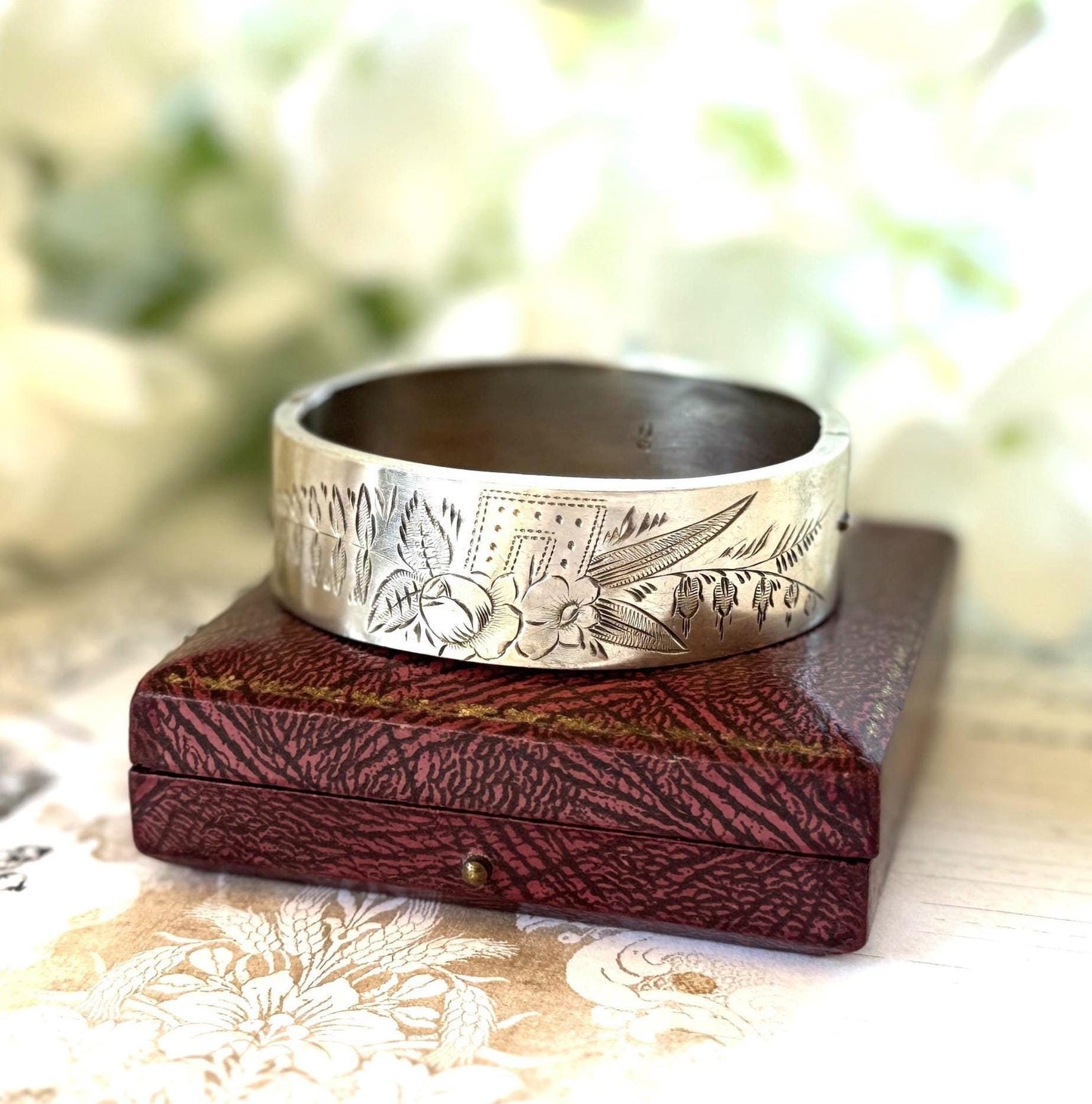 Victorian Sterling Silver Engraved Rose & Forget-Me-Not Bangle