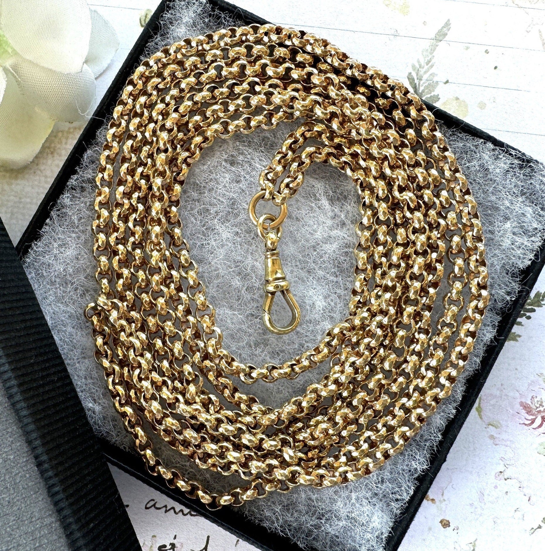 Antique Victorian 18ct Rolled Gold Long Guard Chain. 58" Long 18K Gold Filled Faceted Belcher Chain. Rope Length Sautoir Muff Chain Necklace