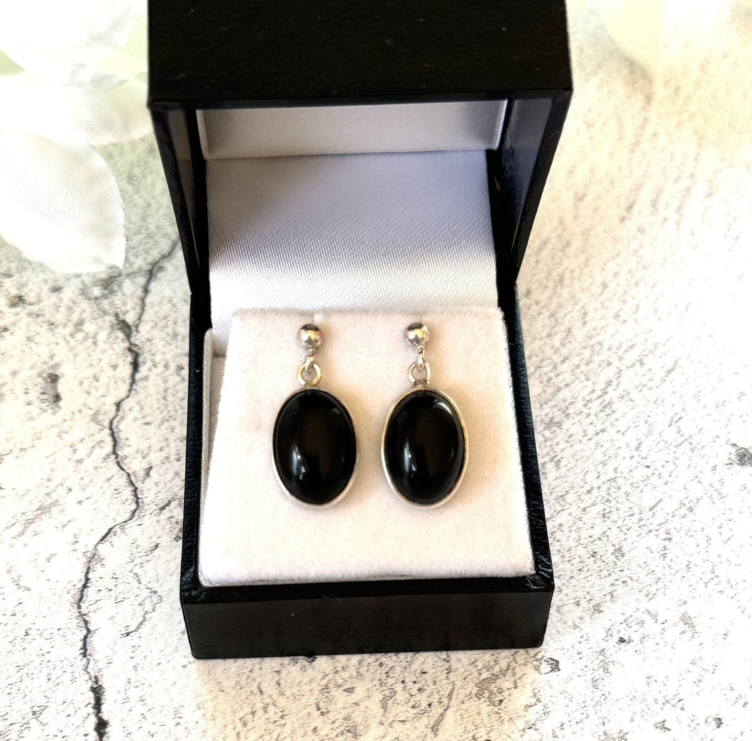 Vintage Sterling Silver Onyx Drop Classic Edwardian Style Earrings. Silver Bead Stud & Black Gemstone Drop Earrings For Pierced Ears