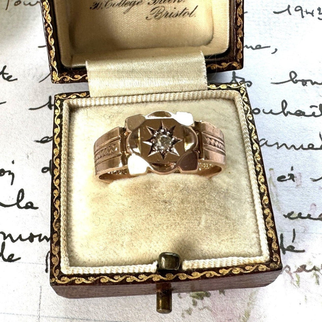 Antique Art Deco 9ct Gold Star Set Diamond Gypsy Ring. Heavy Rose Gold Wide Band Ring, Hallmarked Henry Griffiths 1929, Size T-1/2/ 9-3/4