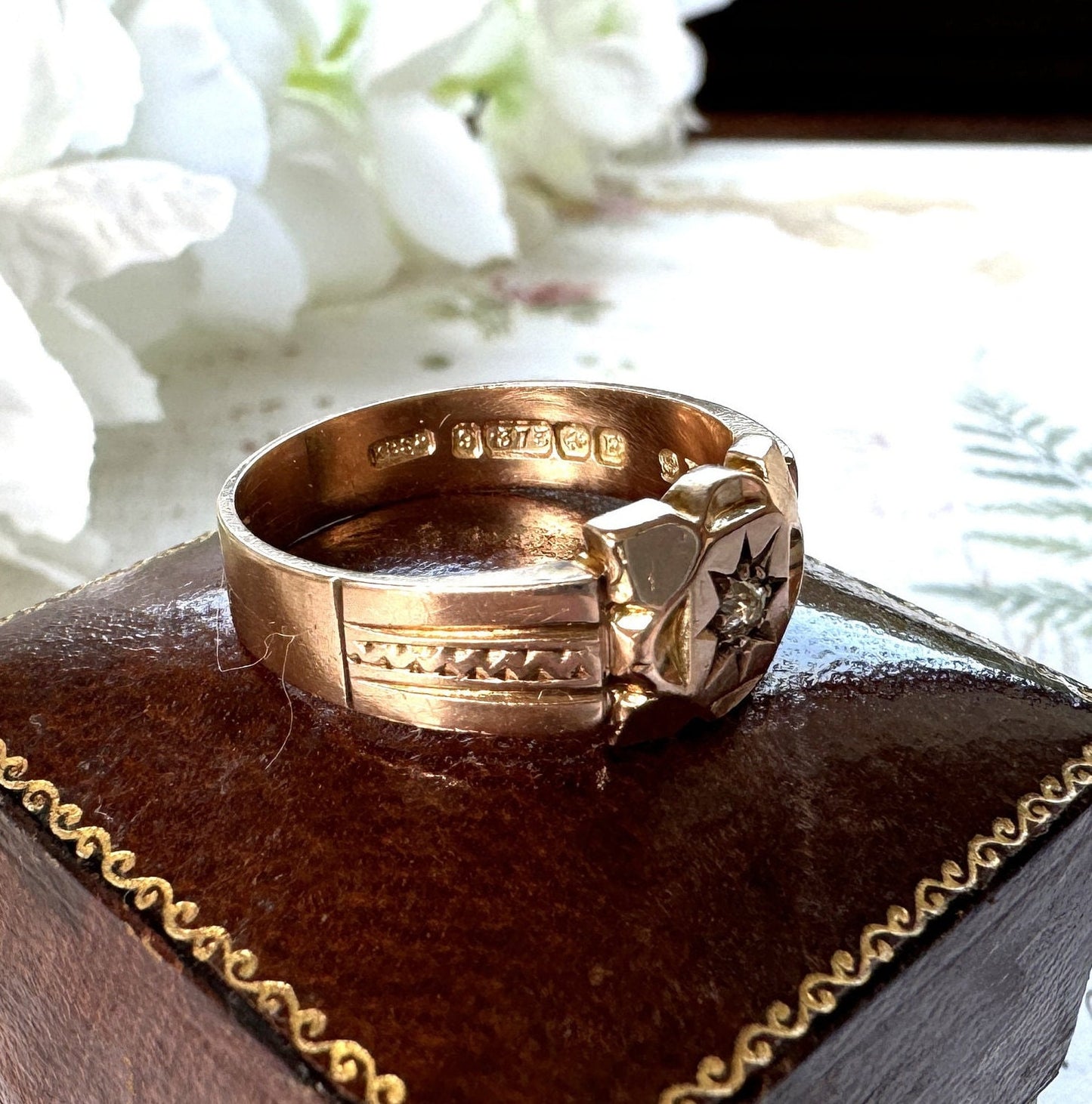 Antique Art Deco 9ct Gold Star Set Diamond Gypsy Ring. Heavy Rose Gold Wide Band Ring, Hallmarked Henry Griffiths 1929, Size T-1/2/ 9-3/4