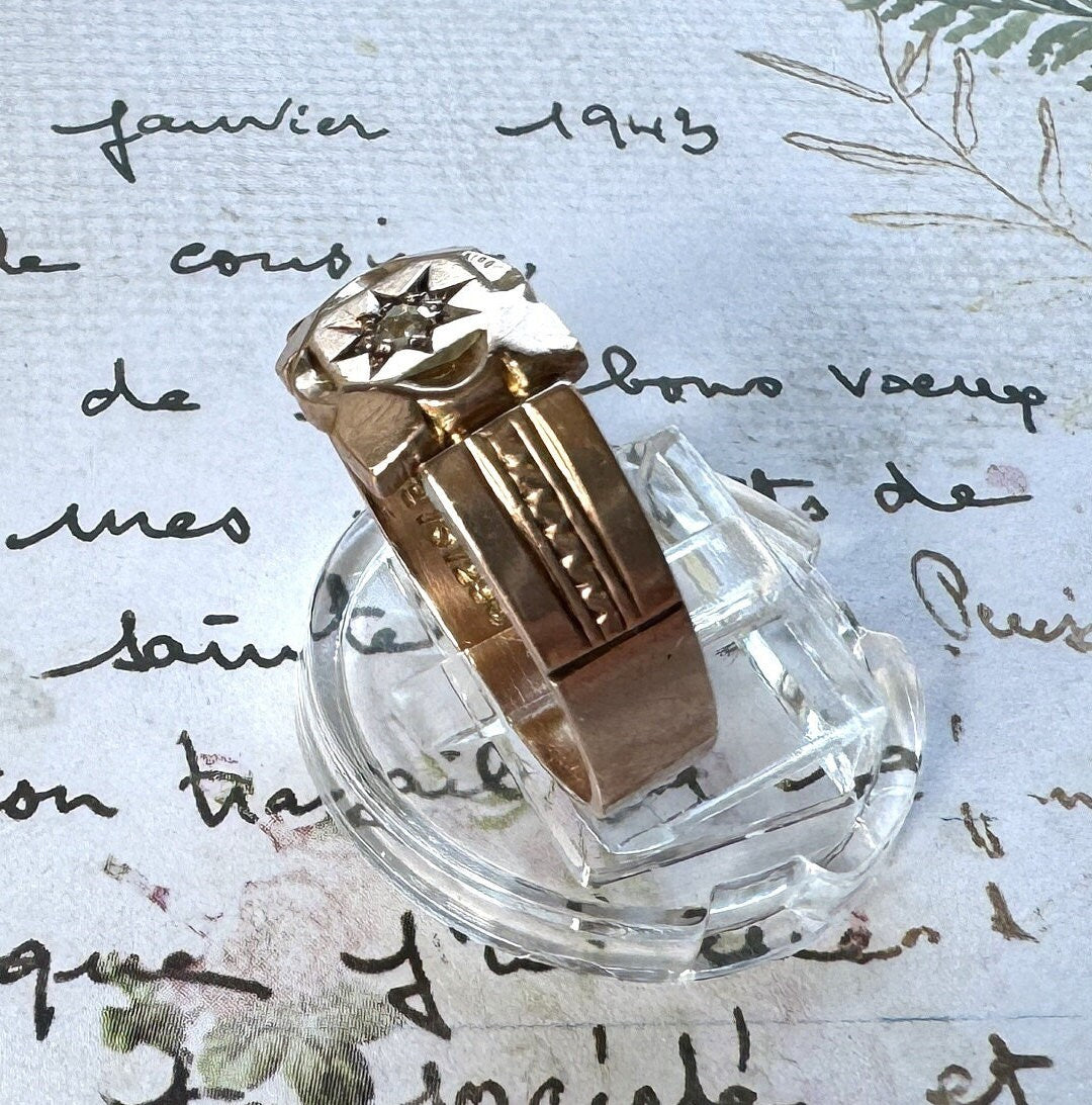 Antique Art Deco 9ct Gold Star Set Diamond Gypsy Ring. Heavy Rose Gold Wide Band Ring, Hallmarked Henry Griffiths 1929, Size T-1/2/ 9-3/4