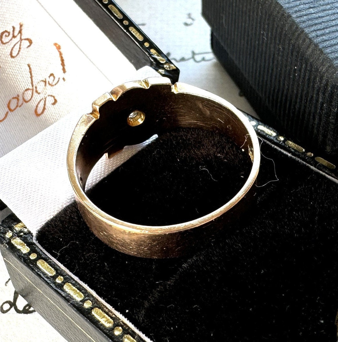 Antique Art Deco 9ct Gold Star Set Diamond Gypsy Ring. Heavy Rose Gold Wide Band Ring, Hallmarked Henry Griffiths 1929, Size T-1/2/ 9-3/4