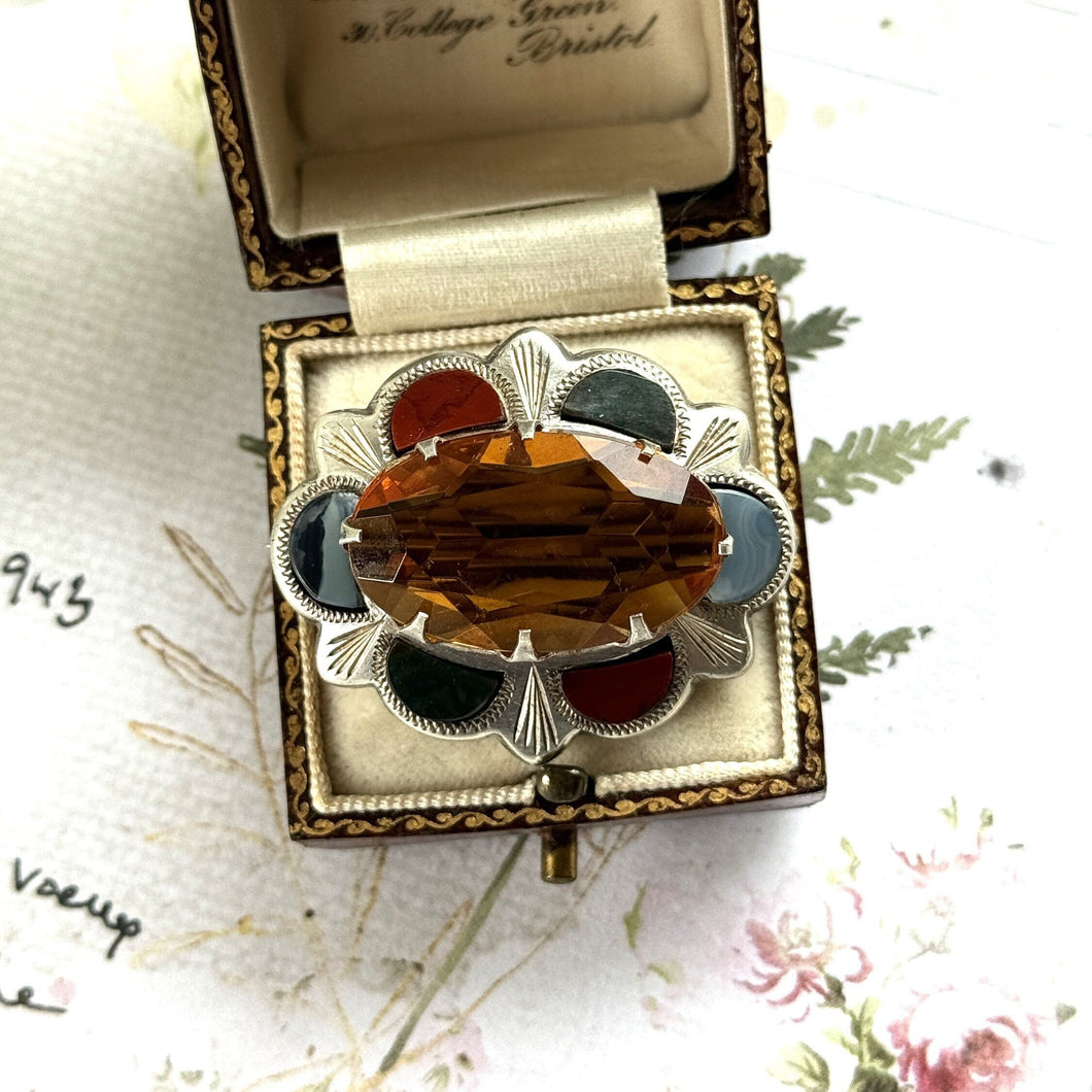 Vintage Scottish Silver Agate & Citrine Brooch. Oval Sterling Silver Cairngorm Lapel Pin Brooch, Made In Scotland