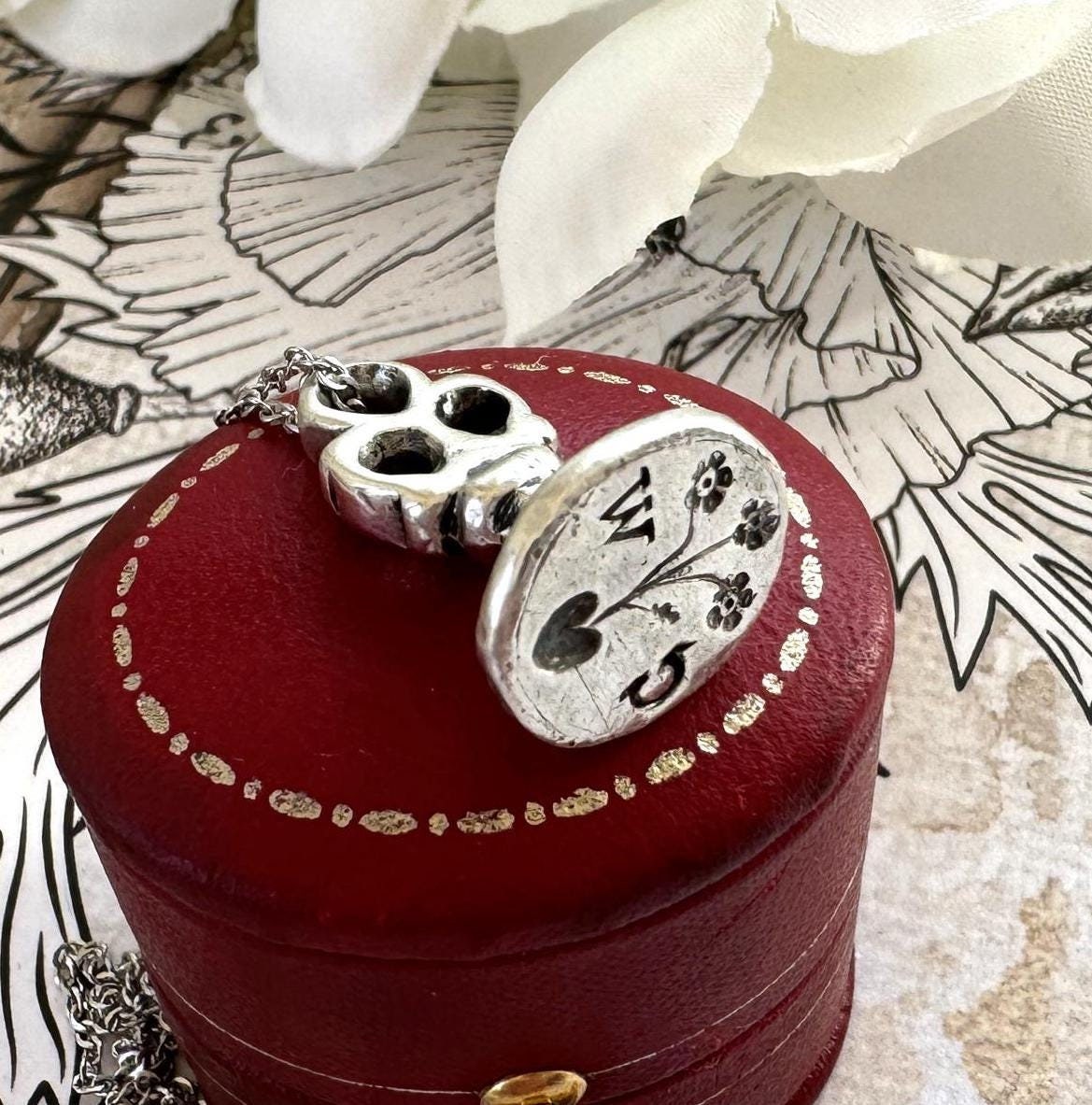 Antique 17th Century Solid Silver Heart & Rose Intaglio Seal Fob. Lady's Love Token Seal Pendant. Stuart/Jacobean Chessman Matrix Seal Fob