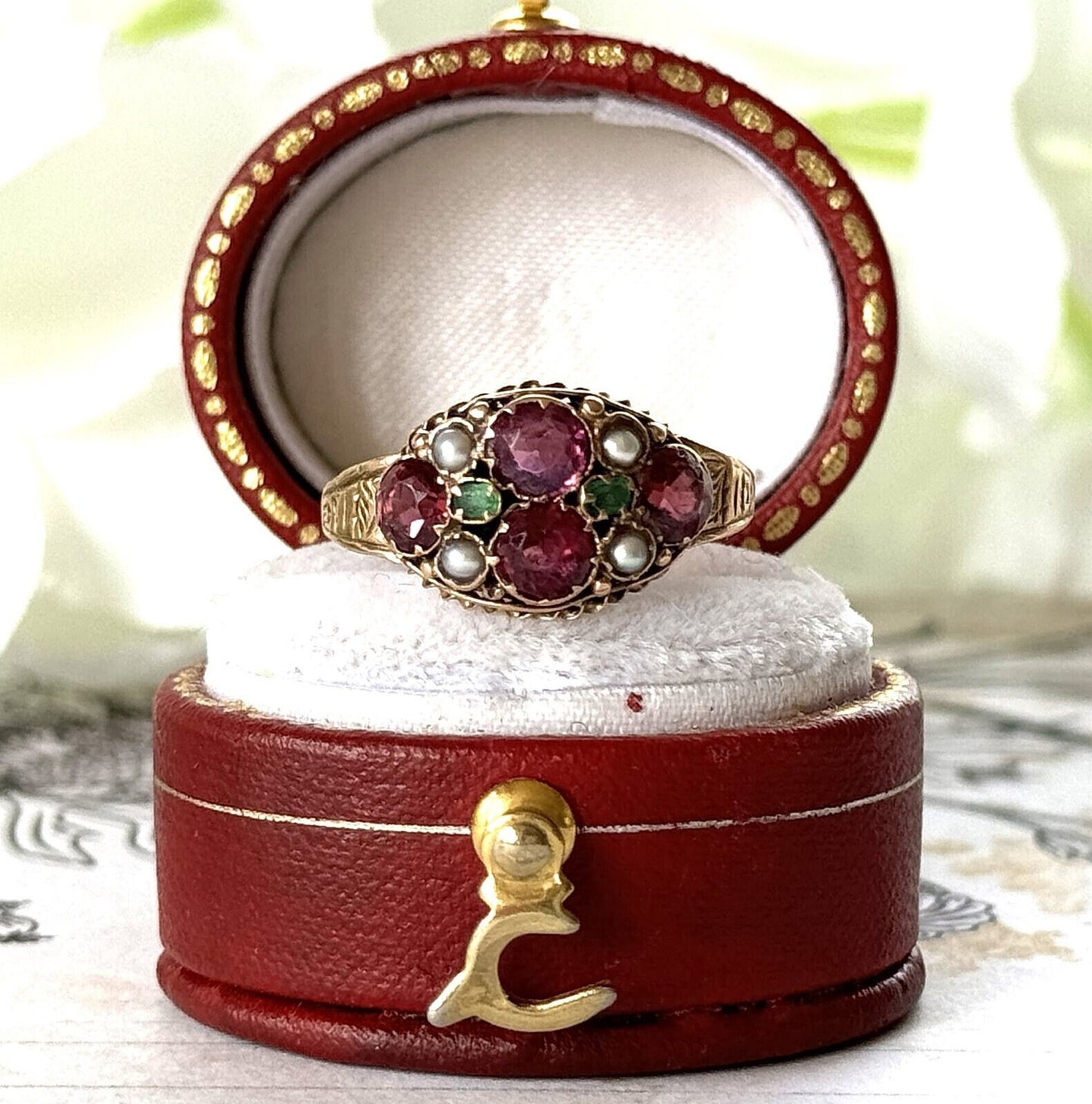 Antique Victorian 15ct Gold Pink Tourmaline, Emerald & Pearl Cluster Ring. Antique 1874 Floral Engraved 15ct Rose Gold Ring, Size N/6.75