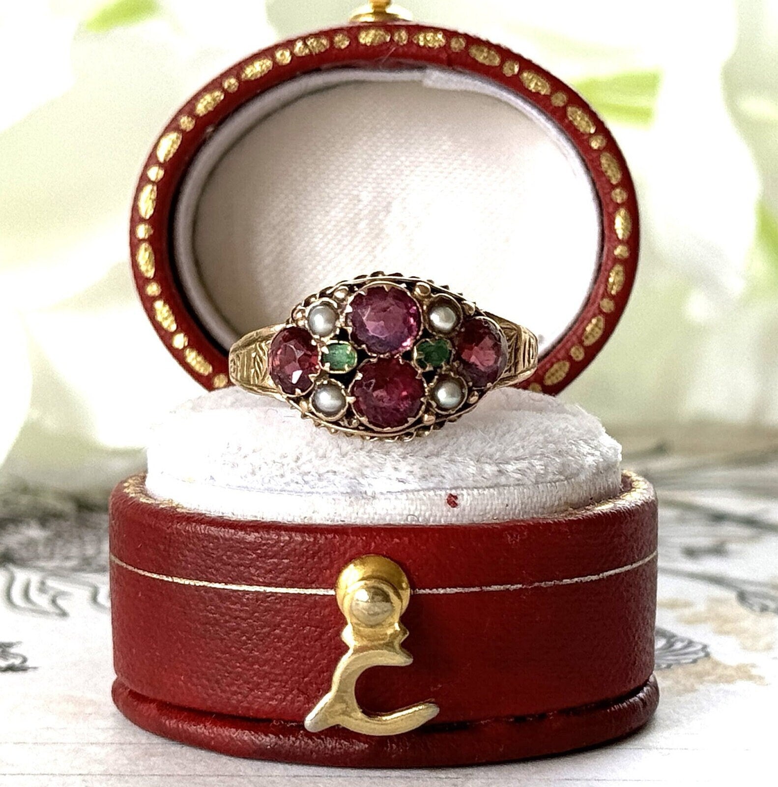Antique Victorian 15ct Gold Pink Tourmaline, Emerald & Pearl Cluster Ring. Antique 1874 Floral Engraved 15ct Rose Gold Ring, Size N/6.75