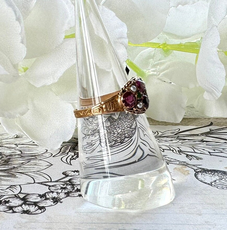 Antique Victorian 15ct Gold Pink Tourmaline, Emerald & Pearl Cluster Ring. Antique 1874 Floral Engraved 15ct Rose Gold Ring, Size N/6.75