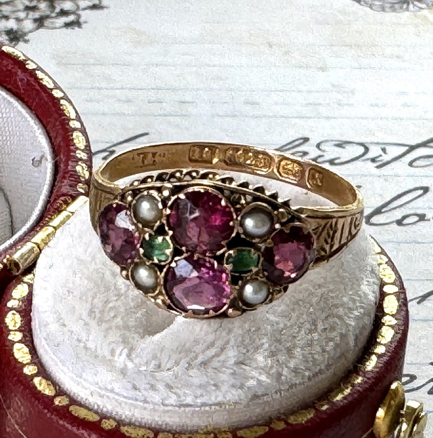 Antique Victorian 15ct Gold Pink Tourmaline, Emerald & Pearl Cluster Ring. Antique 1874 Floral Engraved 15ct Rose Gold Ring, Size N/6.75