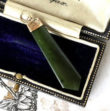 画像をギャラリービューアに読み込む, Antique Edwardian 9ct Gold &amp; Jade Torpedo Fob Pendant. 9ct Rose Gold Carved Jade Long Slender Antique Amulet Pendant
