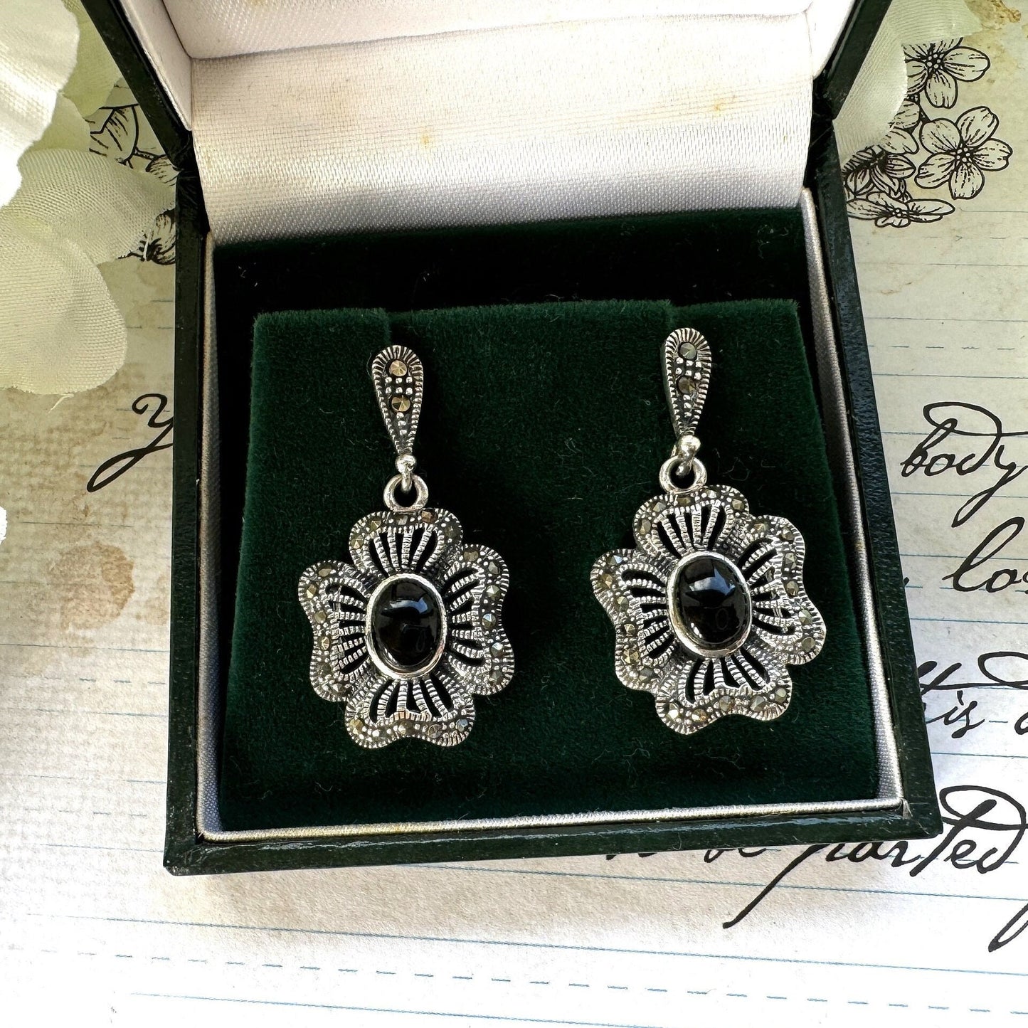 Vintage Whitby Jet Gemstone Sterling Silver Flower Earrings