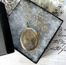 Load image into Gallery viewer, Antique Victorian Engraved Fern Silver Locket Pendant Necklace. Medium/Large Aesthetic Engraved Sterling Silver Locket &amp; Cable Chain
