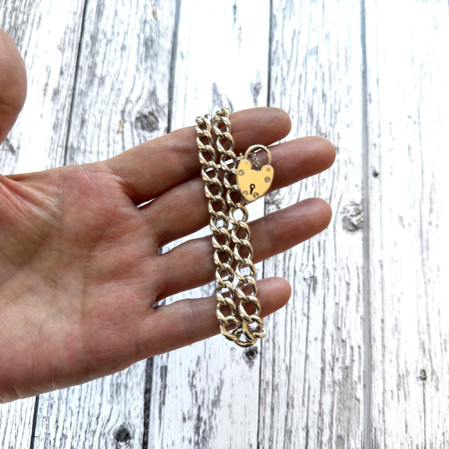 Vintage 1961 Sterling Silver Curb Chain Bracelet With Heart Padlock Clasp. Watch Chain Style English Sweetheart Bracelet. Romantic Jewellery