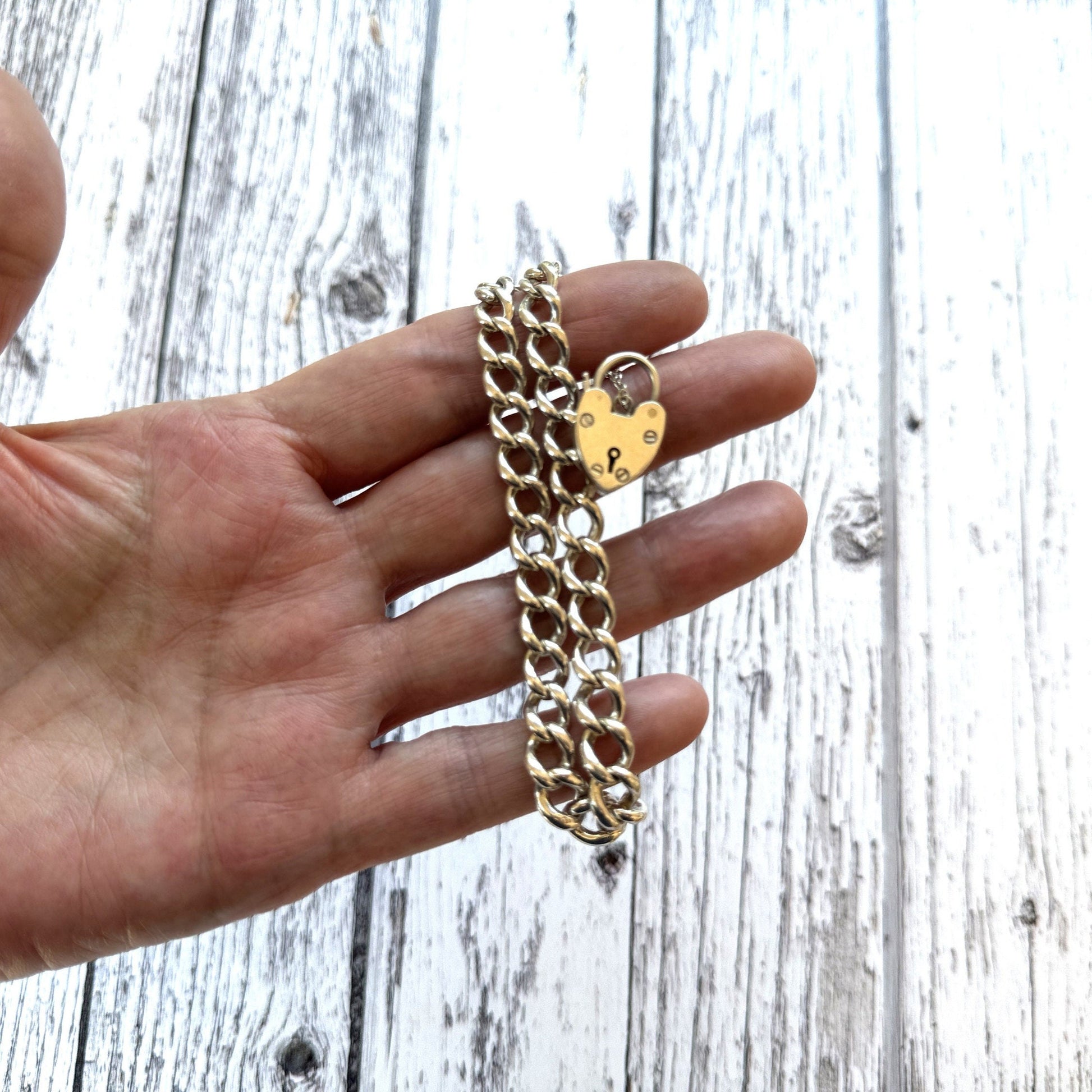 Vintage 1961 Sterling Silver Curb Chain Bracelet With Heart Padlock Clasp. Watch Chain Style English Sweetheart Bracelet. Romantic Jewellery