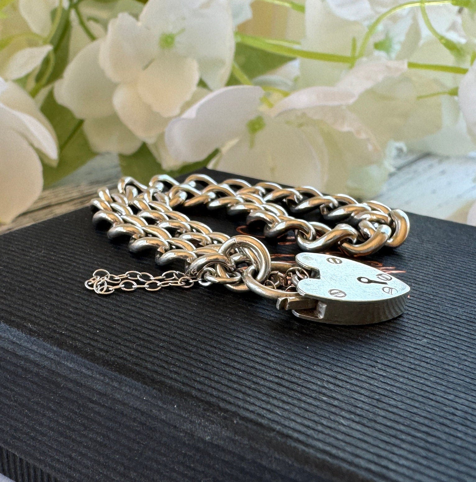 Vintage 1961 Sterling Silver Curb Chain Bracelet With Heart Padlock Clasp. Watch Chain Style English Sweetheart Bracelet. Romantic Jewellery