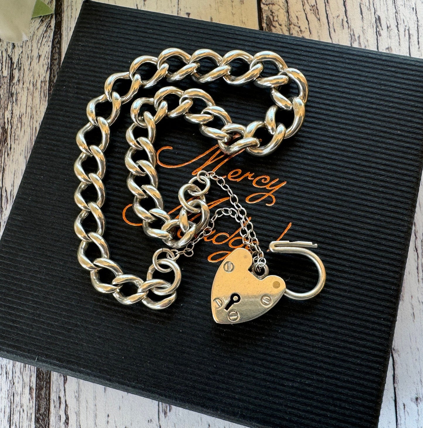 Vintage 1961 Sterling Silver Curb Chain Bracelet With Heart Padlock Clasp. Watch Chain Style English Sweetheart Bracelet. Romantic Jewellery