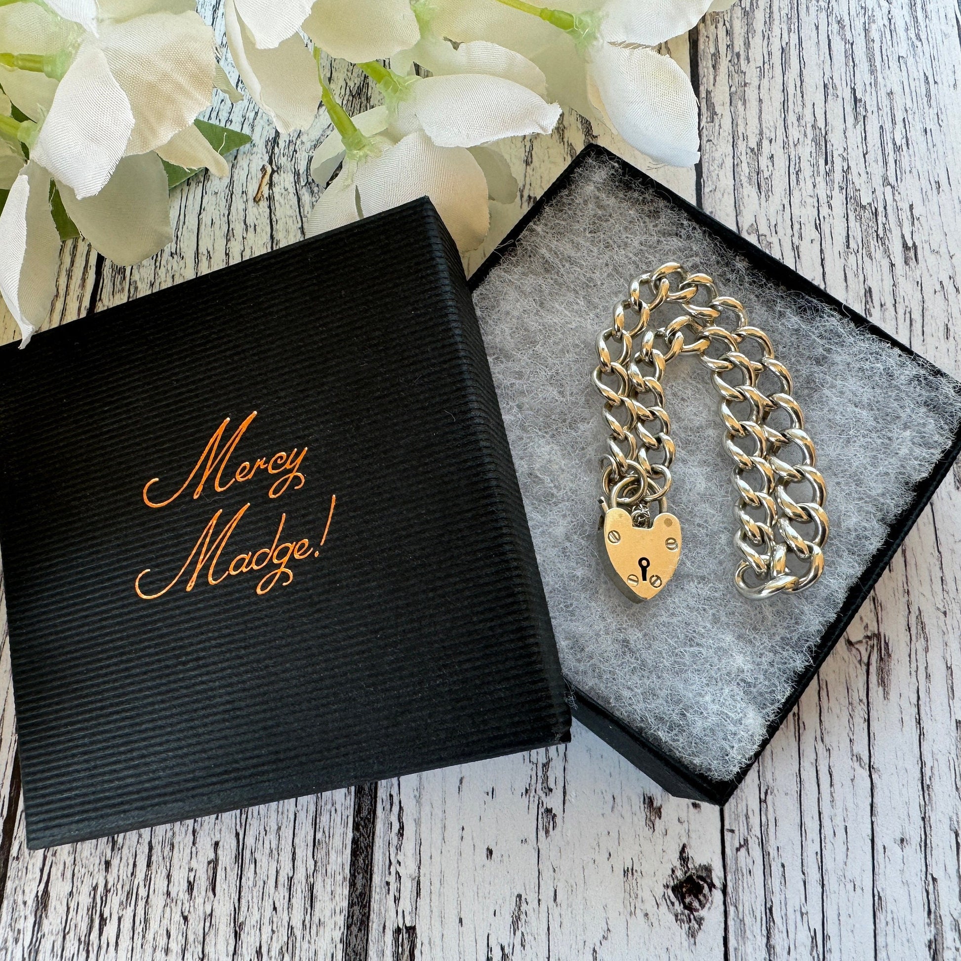 Vintage 1961 Sterling Silver Curb Chain Bracelet With Heart Padlock Clasp. Watch Chain Style English Sweetheart Bracelet. Romantic Jewellery