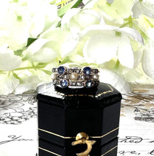 Carica l&#39;immagine nel visualizzatore di Gallery, Antique Victorian 15ct Gold Diamond, Sapphire &amp; Pearl Harem Ring. Rare 3-Band Harem Ring With Rose-Cut Diamonds, Blue Sapphires and Pearls
