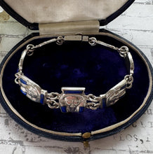 Load image into Gallery viewer, Art Deco Egyptian Revival Silver &amp; Lapis Tutankhamun Bracelet. Antique/Vintage 1930s Sterling Silver Inlaid Blue Gemstone Figural Bracelet.
