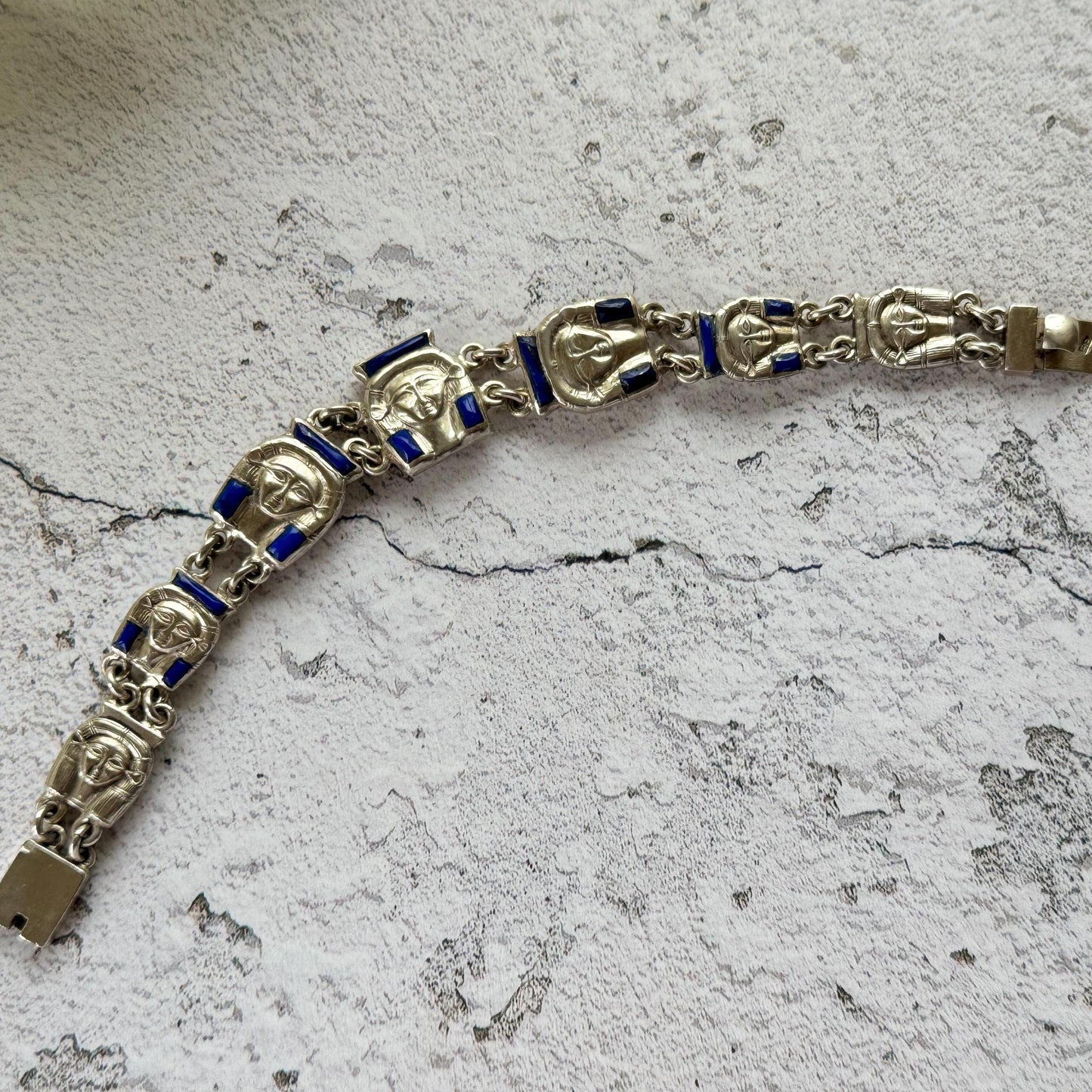 Art Deco Egyptian Revival Silver & Lapis Tutankhamun Bracelet