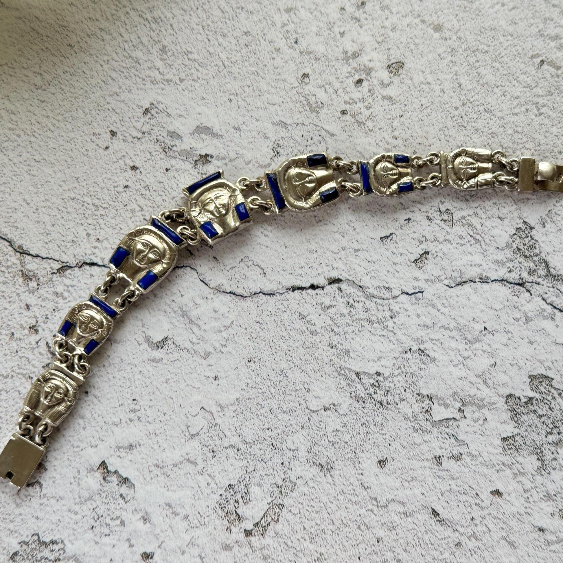 Art Deco Egyptian Revival Silver & Lapis Tutankhamun Bracelet