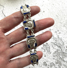 Load image into Gallery viewer, Art Deco Egyptian Revival Silver &amp; Lapis Tutankhamun Bracelet. Antique/Vintage 1930s Sterling Silver Inlaid Blue Gemstone Figural Bracelet.
