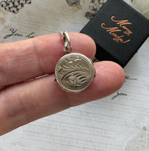 Load image into Gallery viewer, Vintage Sterling Silver Tiny Round Locket Pendant Necklace. Antique Style Fern Engraved Photo Locket Charm &amp; Chain. Minimalist Necklace
