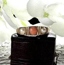 Load image into Gallery viewer, Antique Victorian 9ct Yellow Gold Coral &amp; Pearl Trilogy Band Ring, Size M-1/2 UK, 6-1/2 US
