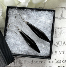 Load image into Gallery viewer, Antique Victorian Whitby Jet &amp; Sterling Silver Torpedo Earrings. Pendant Drop Black Gemstone Earrings. Antique Hook Long Dangle Earrings
