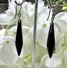 Load image into Gallery viewer, Antique Victorian Whitby Jet &amp; Sterling Silver Torpedo Earrings. Pendant Drop Black Gemstone Earrings. Antique Hook Long Dangle Earrings
