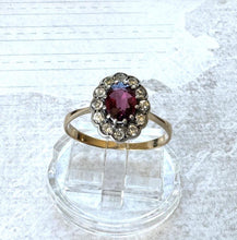 Load image into Gallery viewer, Antique Victorian Pink Tourmaline &amp; White Paste Diamond 9ct Gold Cluster Ring. Oval Halo Ring Size UK M-1/2/ US 6-1/2
