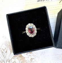 Load image into Gallery viewer, Antique Victorian Pink Tourmaline &amp; White Paste Diamond 9ct Gold Cluster Ring. Oval Halo Ring Size UK M-1/2/ US 6-1/2
