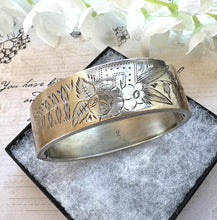 Load image into Gallery viewer, Antique Victorian Aesthetic Engraved Silver Bangle, Hallmarked 1889. Floral Engraved Sterling Silver Victorian Sweetheart Bracelet Cuff.
