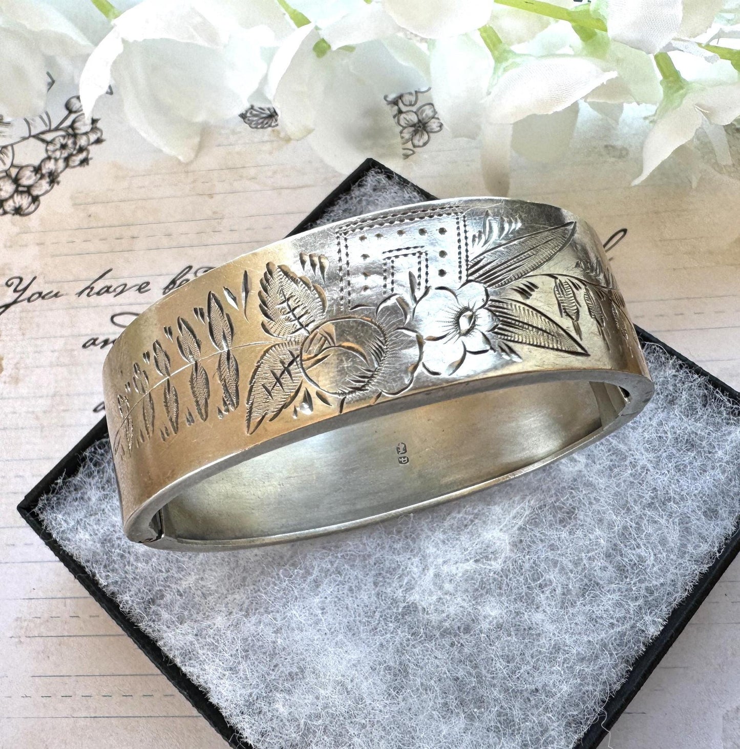 Victorian Sterling Silver Engraved Rose & Forget-Me-Not Bangle