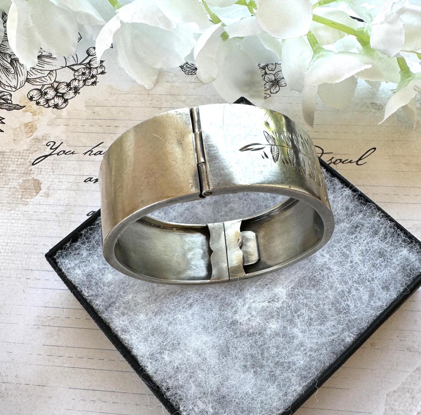Victorian Sterling Silver Engraved Rose & Forget-Me-Not Bangle