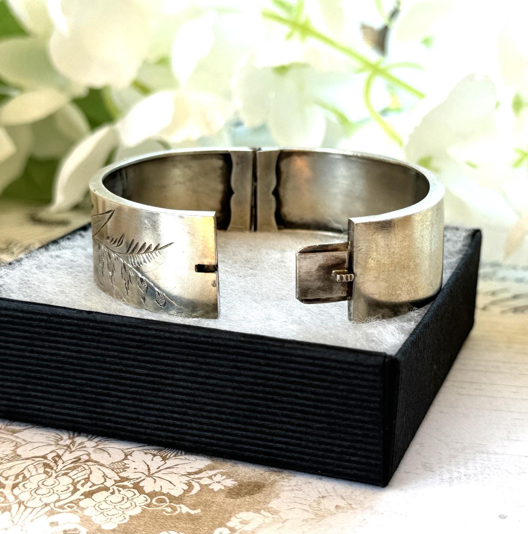 Victorian Sterling Silver Engraved Rose & Forget-Me-Not Bangle