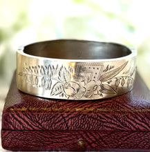 Load image into Gallery viewer, Antique Victorian Aesthetic Engraved Silver Bangle, Hallmarked 1889. Floral Engraved Sterling Silver Victorian Sweetheart Bracelet Cuff.
