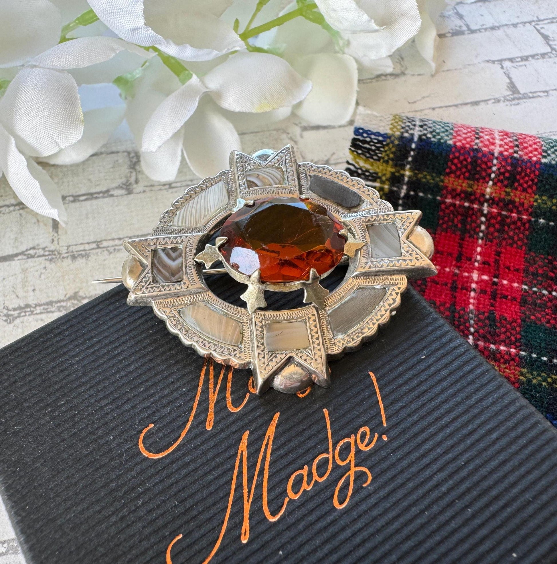 Antique Victorian Montrose Agate Scottish Cairngorm Brooch. Sterling Silver Scottish Banded Grey Lace Agate Brooch/Lapel Pin, Design Reg'd.