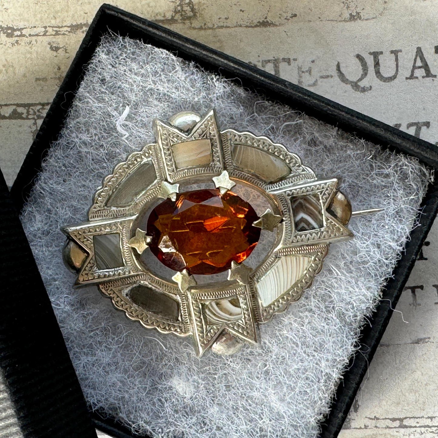 Antique Victorian Montrose Agate Scottish Cairngorm Brooch. Sterling Silver Scottish Banded Grey Lace Agate Brooch/Lapel Pin, Design Reg'd.