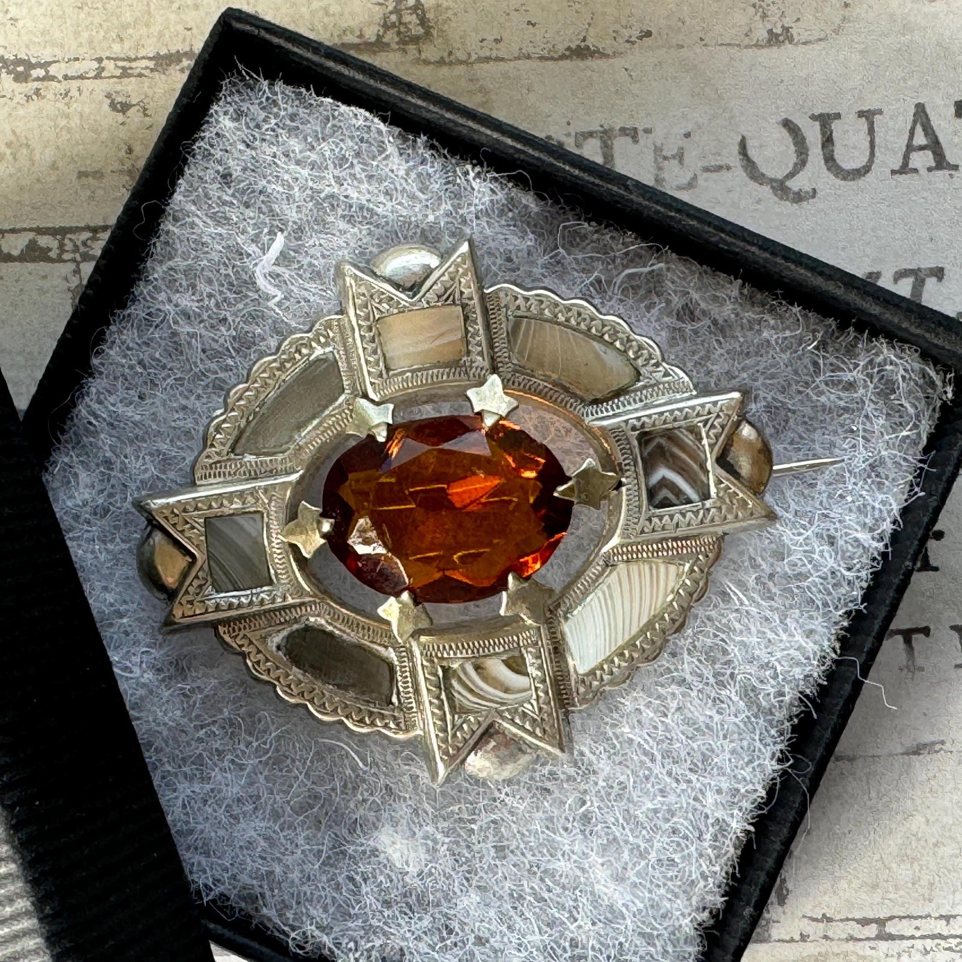 Antique Victorian Montrose Agate Scottish Cairngorm Brooch. Sterling Silver Scottish Banded Grey Lace Agate Brooch/Lapel Pin, Design Reg'd.