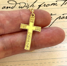 画像をギャラリービューアに読み込む, Antique Victorian English 9ct Gold &amp; Silver Engraved Cross Pendant Necklace. Medium/Small Gold Cross With Chain. Christian Cross Necklace
