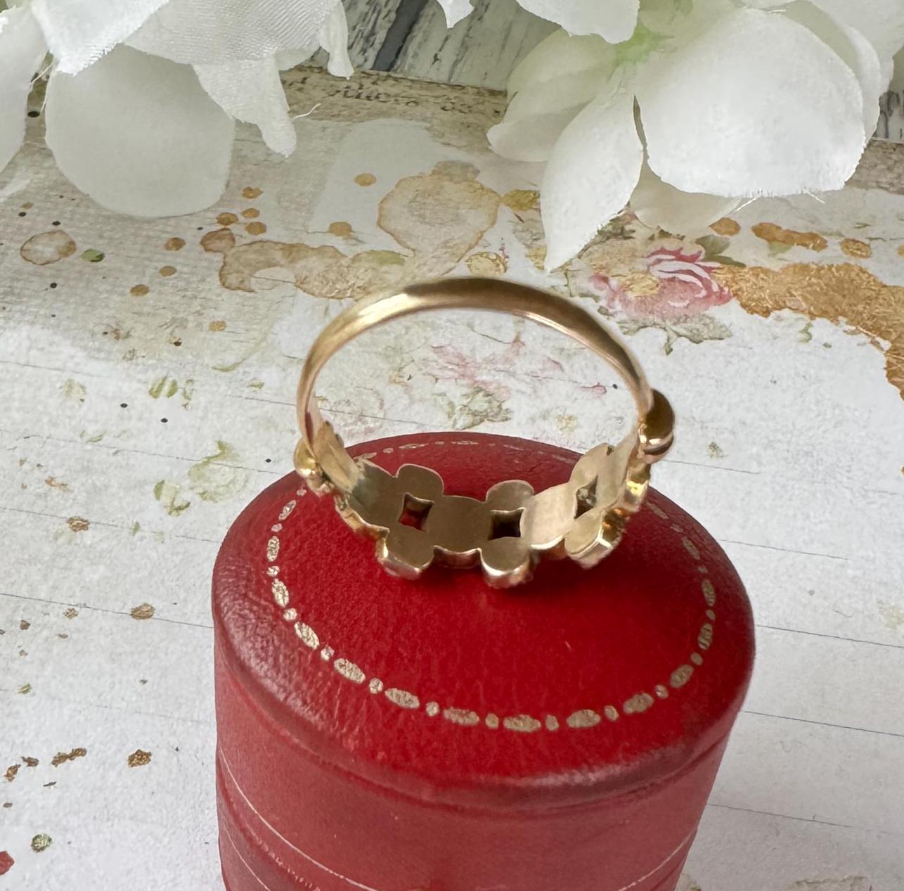 Antique Victorian 9ct Gold Pink Tourmaline & Pearl Half Hoop Ring, Chester 1899. Georgian Style Flat Cut Gemstone Band Ring, Size O-1/2, 7.5