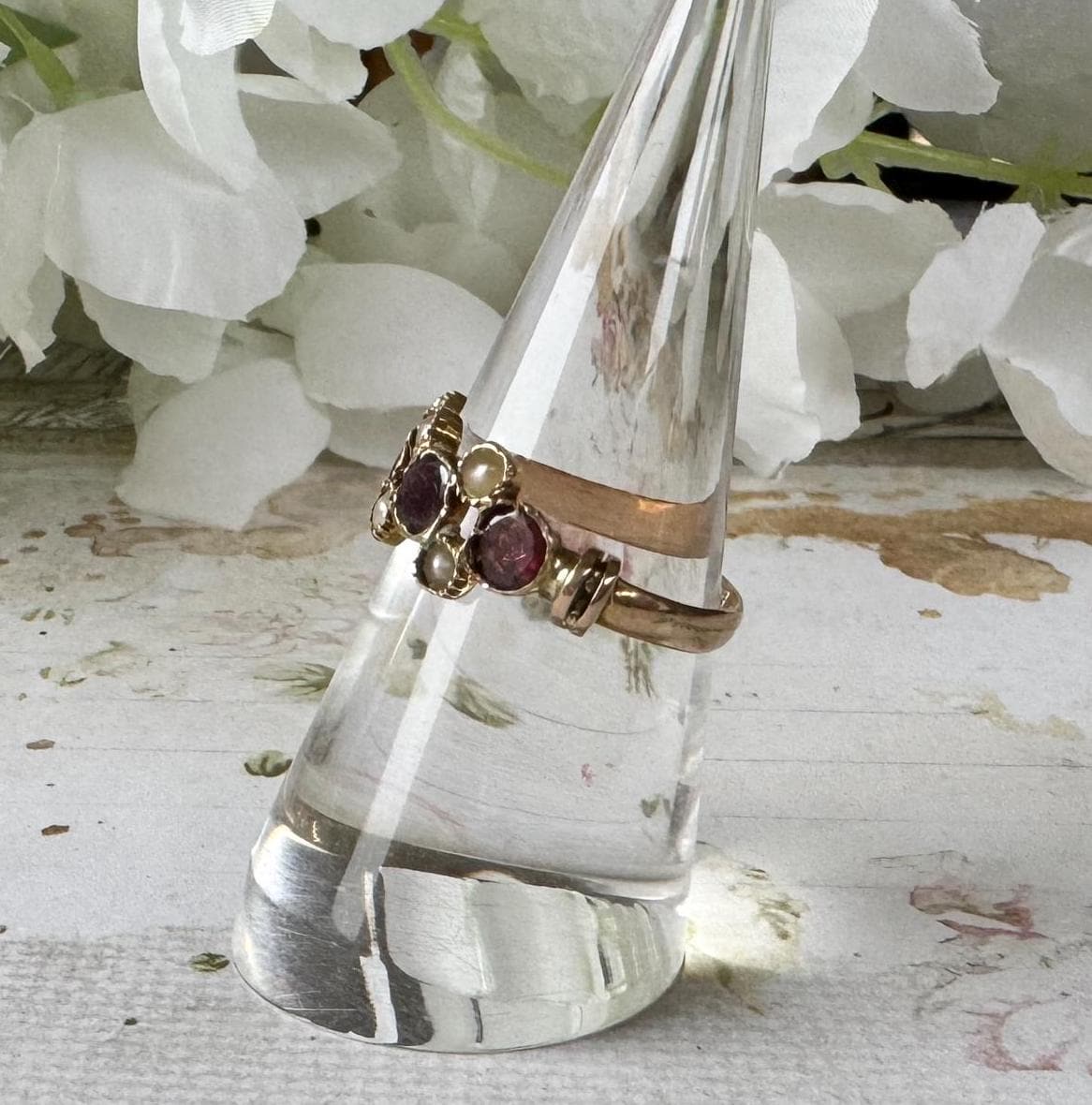 Antique Victorian 9ct Gold Pink Tourmaline & Pearl Half Hoop Ring, Chester 1899. Georgian Style Flat Cut Gemstone Band Ring, Size O-1/2, 7.5