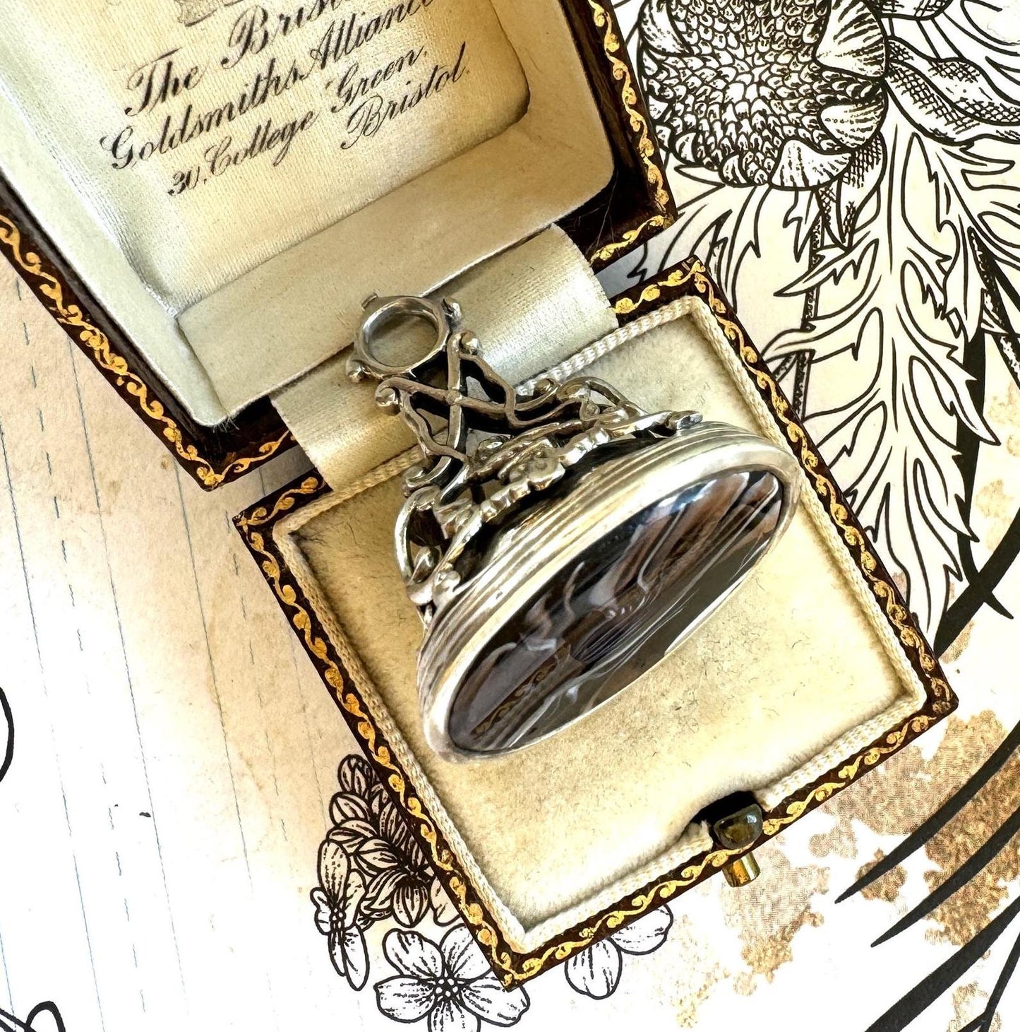 Rare Antique Georgian Large Sterling Silver Slag Glass Seal Fob Pendant.
