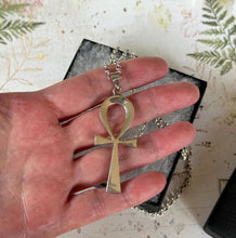 Load image into Gallery viewer, Vintage Egyptian Silver Large Ankh Cross Pendant Necklace. Sterling Silver Egyptian Revival Key Of Eternal Life Pendant &amp; Long Belcher Chain
